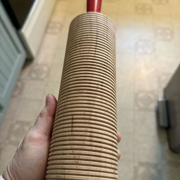 Lefse Wood Rolling Pin Grooved Corrugated Red Handle for Scandinavian Flatbread - Picture 4 of 12